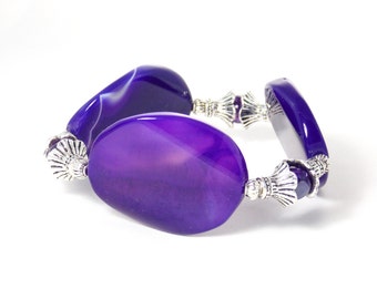 Purple Violet Amethyst Agate Stone, Silver Plated Chunky Beaded Bold Stretch Gemstone Statement Bracelet