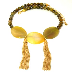 Green Bib Necklace. Olive Green Necklace. Bib Statement Necklace. Gold Tassel Necklace. Green Agate Necklace. Chunky Necklace Statement.