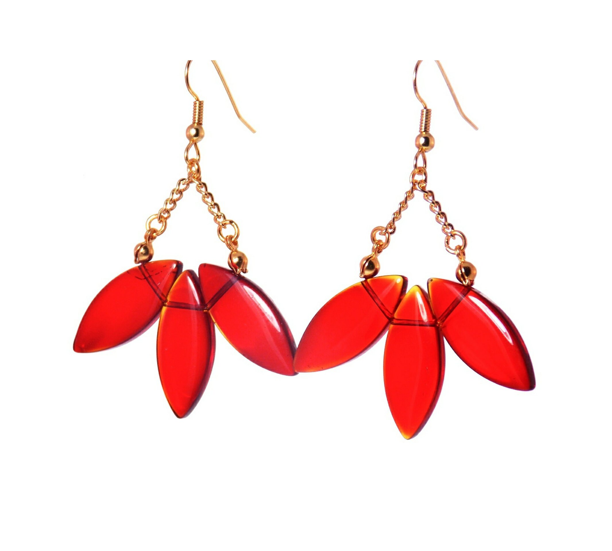 Red Fan Gold Dangle Statement Earrings Clip On Optional Etsy