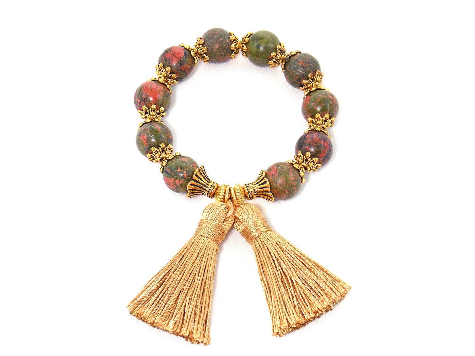 Gold Tassel Green Unakite Beaded Stretch Gemstone Statement Etsy
