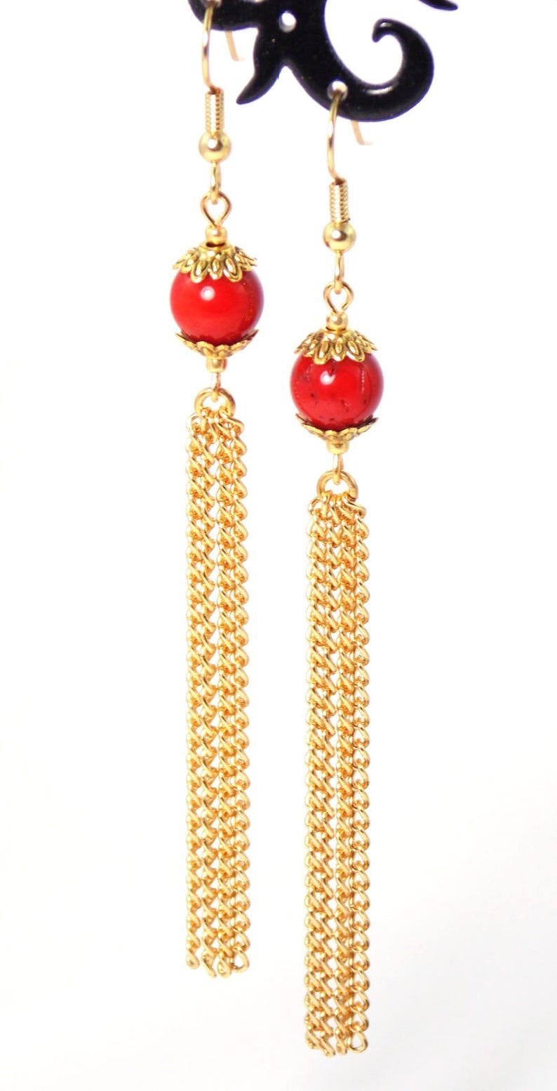 Red Tassel Earrings. Gold Tassel Earrings. Red Coral Earrings. Etsy