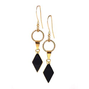 Black Agate Art Deco Diamond Shape Gold Clip On Optional Statement Earrings