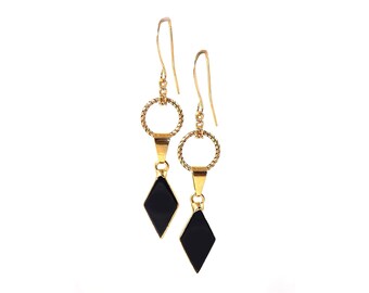 Black Agate Art Deco Diamond Shape Gold Clip On Optional Statement Earrings