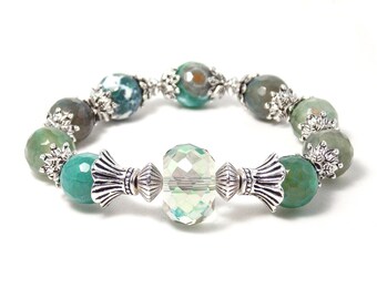 Green Agate, Antique Silver Plated, Glass Faceted Elegant Stretch Beaded Gemstone Bracelet