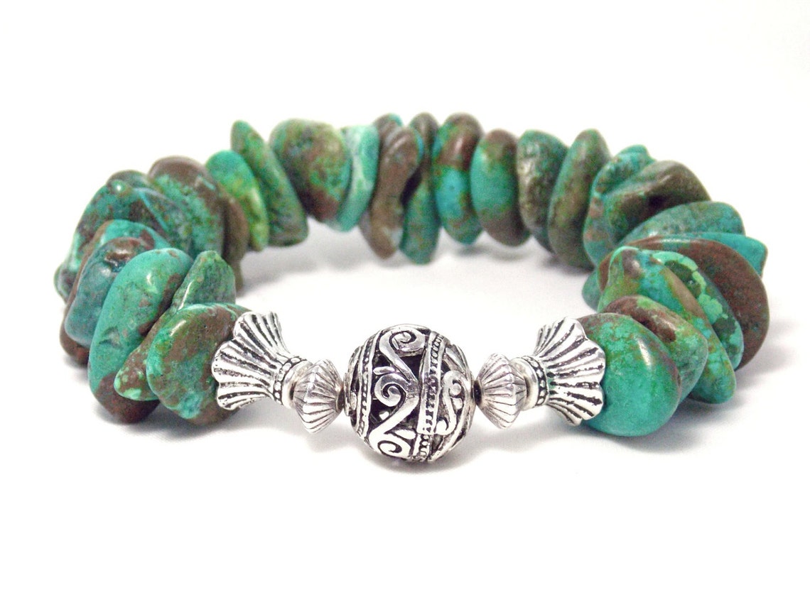 Genuine Green Turquoise Stone, Antique Silver, Chunky Beaded Stretch ...
