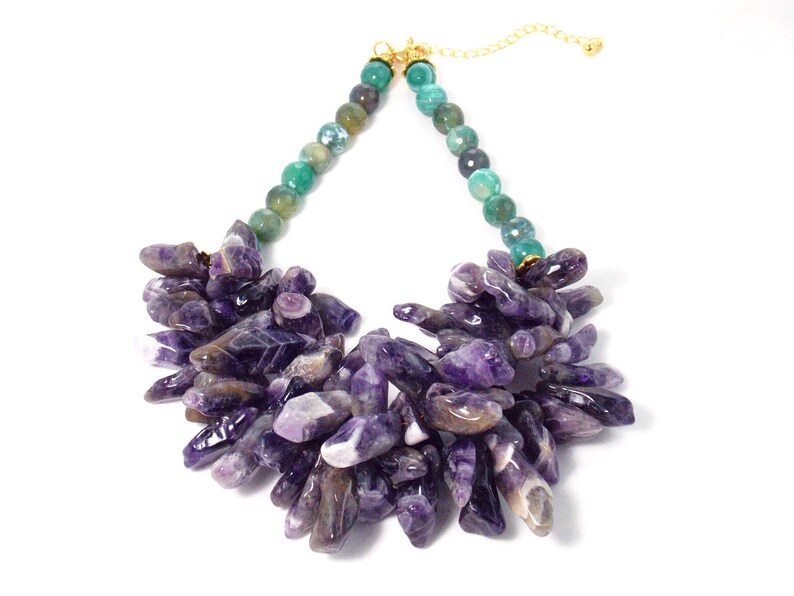 Gold Plated Chunky Bold Gemstone Bib Statement Necklace Violet Purple Amethyst /& Green Agate Stone