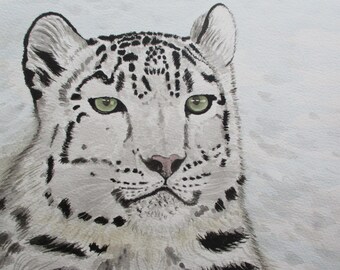 Original Snow Leopard Watercolour Painting, Hand-Painted Wall Decor