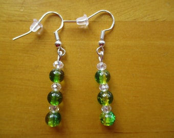 Handmade Tibetan Silver Leverback Earrings - Blue/Green Crackle Glass Beads (Pair)