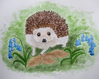Hedgehog painting, hedgehog original watercolour painting, not a print, wall decor gift, hedgehog watercolour, hand-painted picture.