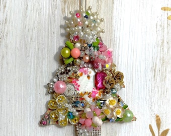 Vintage Jewelry Ornament, Hanging Jeweled Ornament, Jeweled Art, Vintage Christmas Tree, Holiday Decoration, Shabby Chic, One of a Kind Gift