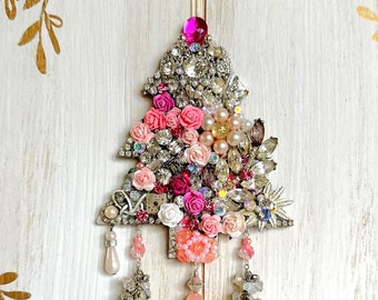 Jeweled Tree Ornament, Merry Christmas, Vintage Christmas, Hanging Ornament, Holiday Decoration, Shabby Chic, Handmade, One of a Kind Gift