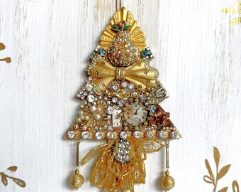 Vintage Jewelry Ornament, Hanging Jeweled Ornament, Jeweled Art, Vintage Christmas Tree, Holiday, Shabby Chic, One of a Kind Gift