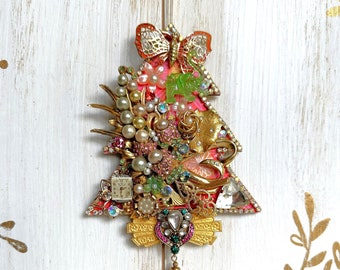 Jeweled Christmas Ornament, Vintage Jewelry, One-of-a-kind, Jeweled Tree Ornament, Vintage Christmas, Holiday Decoration, Shabby Chic