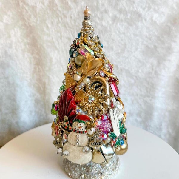 Snowman Vintage Jeweled Christmas Tree: Shabby Chic Holiday Decoration Heirloom