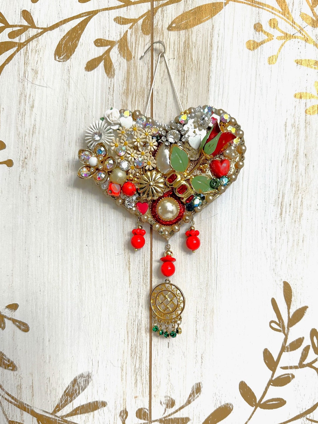 Jeweled Tree Ornament, Jeweled Heart, Vintage Christmas, Valentines Day ...