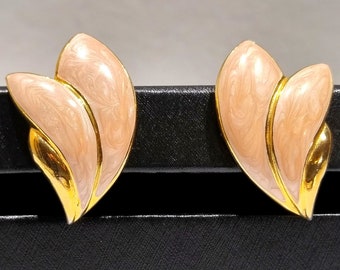 Vintage Trifari Clip on Earrings, Champagne Enamel Gold tone Climber Earrings, Fine Estate Jewelry