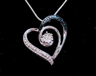 Natural Diamond Heart Necklace, 925 Sterling Silver Heart Pendant, Pave Diamond Gift for Her, 18" Snake Chain