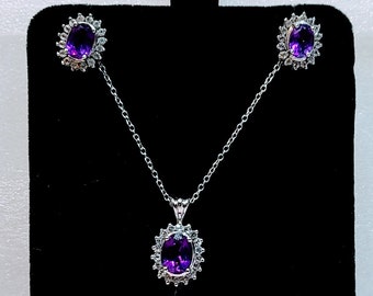Designer Heng Ngai Amethyst Cubic Zirconia Necklace, Halo 925 Silver CZ & Amethyst Earrings, Amethyst Bridal Jewelry Set