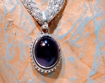 Vintage Ornate Handmade 26ct Amethyst Pendant Large 925 Sterling Silver Purple Gemstone Cabochon Jewelry