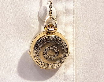 vintage NOUVEAU 1928 marque quatre photos médaillon pendentif Y collier, chaîne dorée 34"