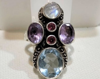 Multi Gemstone Statement Ring, Natural Gemstones, Amethyst Moonstone Tourmaline Topaz, 925 Sterling Silver Fine Estate Jewelry, Gifts