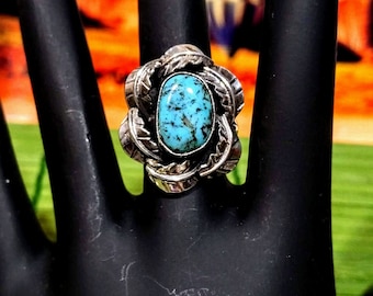 Old Pawn Silver Turquoise Ring, Edison Begay Ring, Navajo Sterling Jewelry, Size 6 Native American Ring