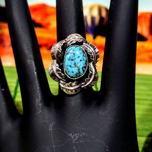 Old Pawn Silver Turquoise Ring, Edison Begay Ring, Navajo Sterling Jewelry, Size 6 Native American Ring