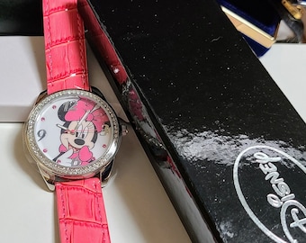 Disney Minnie Mouse Womens Wrist Watch, Original Box Papers & Tag, Vintage NEW Lady's Watch, Pink Leather Band, Gift for Her