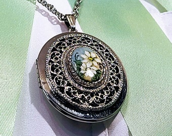 Collana lunga con medaglione floreale vintage in filigrana color argento firmata, stampa floreale dipinta a mano da 26 pollici, regali