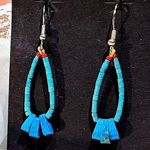 Navajo Green Turquoise Heishi Earrings, Coral Blue Turquoise McCabe Jacla Earrings, Sterling Silver Native American