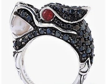 Pristine Sterling Silver Black Spinel Naga Dragon Ring, Handmade Garnet Pearl Dragon Jewelry, New Condition Size 9-10