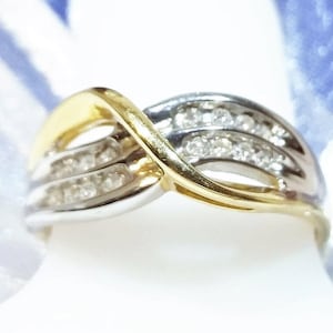 Anillo vintage de diamantes auténticos en oro macizo de 14 quilates para aniversario de bodas, joyería patrimonial de dos tonos, talla 7