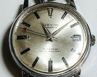 Mens Vintage Watch, Silver Water Proof Case Champagne Dial Self Winding Automatic Swiss Watch, 1970s 17 Jewel Orvin Date, Fathers Gift Men