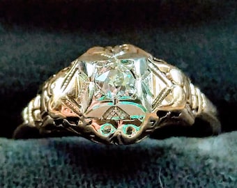 Vintage Engagement Ring, Estate 14k Yellow Gold .10ctw Genuine Diamond Ring, Size 5 1/2 Old European Cut, Art Deco 1920s, Minimalist