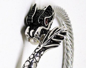 Pristine Sterling Silver Black Spinel Naga Dragon Bracelet, Handmade Garnet Pearl Dragon Jewelry, New Condition 9" Solid Bracelet