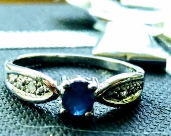 Genuine Blue Sapphire Ring, Birthstone Ring, Natural Diamond Three Stone Ring, Sterling Silver Vintage Engagement Ring