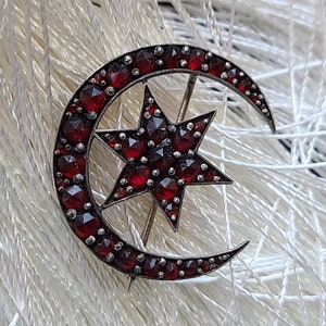 Antique Sterling Silver Czechoslovakian Garnet Brooch, Dutch Rose Cut Bohemian Garnet, Crescent Moon & Star Rolled Gold Pin image 1