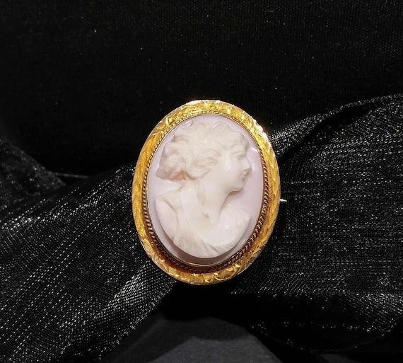 Antique 10k Gold Cameo Brooch, Edwardian 1910s An… - image 1