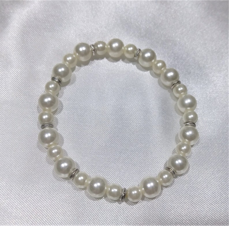 Stretchable Pearl Bracelet faux Pearls with silver beads Beaded bracelet Flower girl birthday gift for her Bridesmaid gift Stacking bracelet image 3