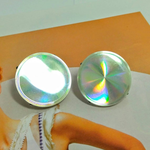 Vintage Shiny Disk Clip On Earrings Iridescent Ra… - image 1