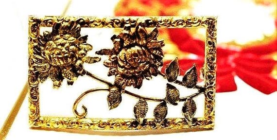Vintage Gold Filled Flower Brooch, Two-Tone Roses Sweater Pin
