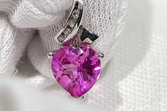 Vintage Solid Gold Pink Heart Diamond Love Neckla… - image 2