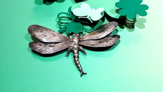 Large Solid Sterling Silver Dragonfly Brooch, Vin… - image 1