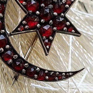 Antique Sterling Silver Czechoslovakian Garnet Brooch, Dutch Rose Cut Bohemian Garnet, Crescent Moon & Star Rolled Gold Pin image 2