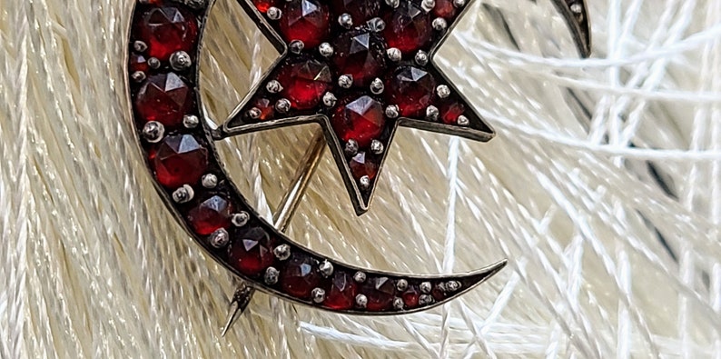 Antique Sterling Silver Czechoslovakian Garnet Brooch, Dutch Rose Cut Bohemian Garnet, Crescent Moon & Star Rolled Gold Pin image 2