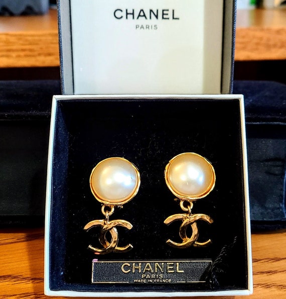 CHANEL Vintage Pearl & CC Logo Drop Earrings, 1994