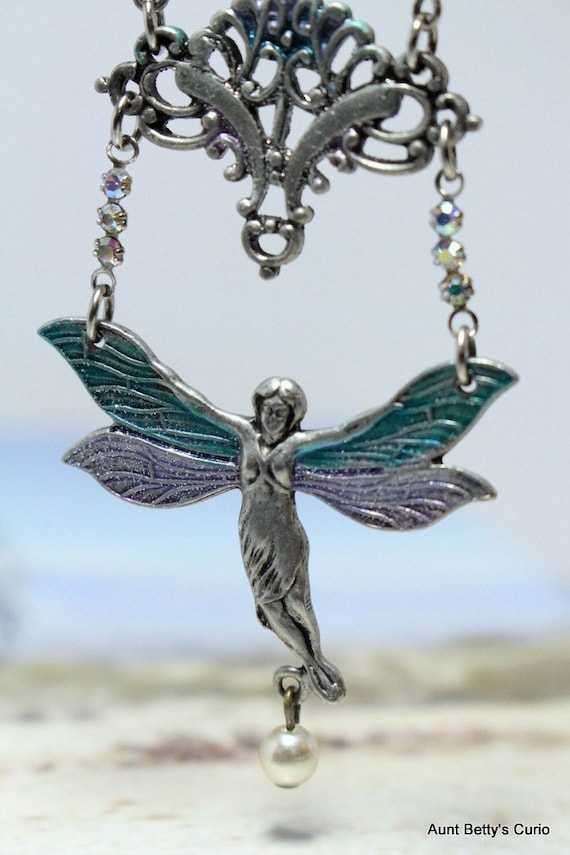 Magic Fairy Wings Pendant Enamel Pearl Jewelry Vi… - image 1