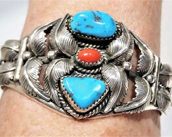 Vintage ROBERT BECENTI Jr. 925 Silver Turquoise Bracelet, Navajo Sterling Feather Cuff Bracelet, Handmade Coral Cuff