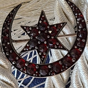 Antique Sterling Silver Czechoslovakian Garnet Brooch, Dutch Rose Cut Bohemian Garnet, Crescent Moon & Star Rolled Gold Pin image 4