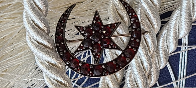 Antique Sterling Silver Czechoslovakian Garnet Brooch, Dutch Rose Cut Bohemian Garnet, Crescent Moon & Star Rolled Gold Pin image 4